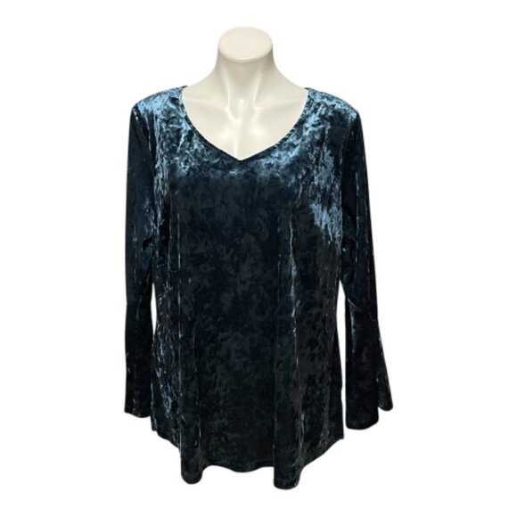 Isaac Mizrahi Tops - Isaac Mizrahi XL Blue Crushed Velvet Long Bell Sleeve V Neck Top EUC